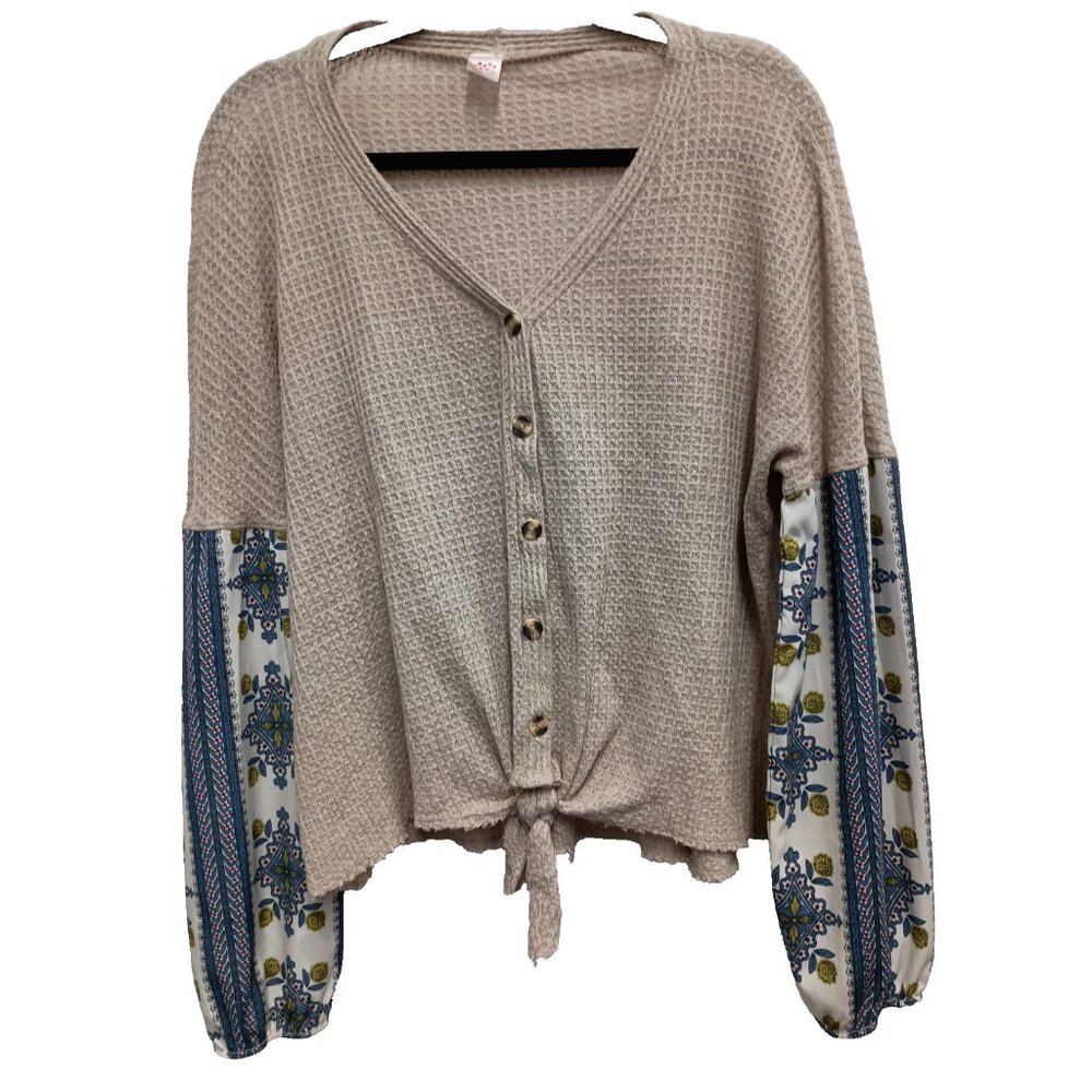I Joah Premium BOHO Top Womens Large Beige Floral Thermal Balloon Sleeve Casual